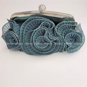 Green Floral Twirl Applique Satin Clutch Purse  with Clasp Closure